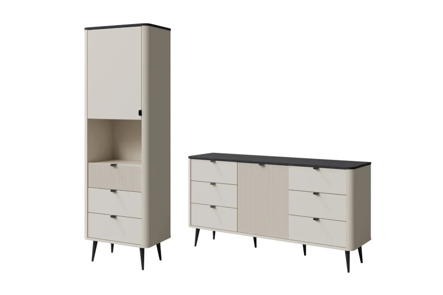 Mily Möbelset: Hoher Schrank und Sideboard in Beige mit schwarzen Details.