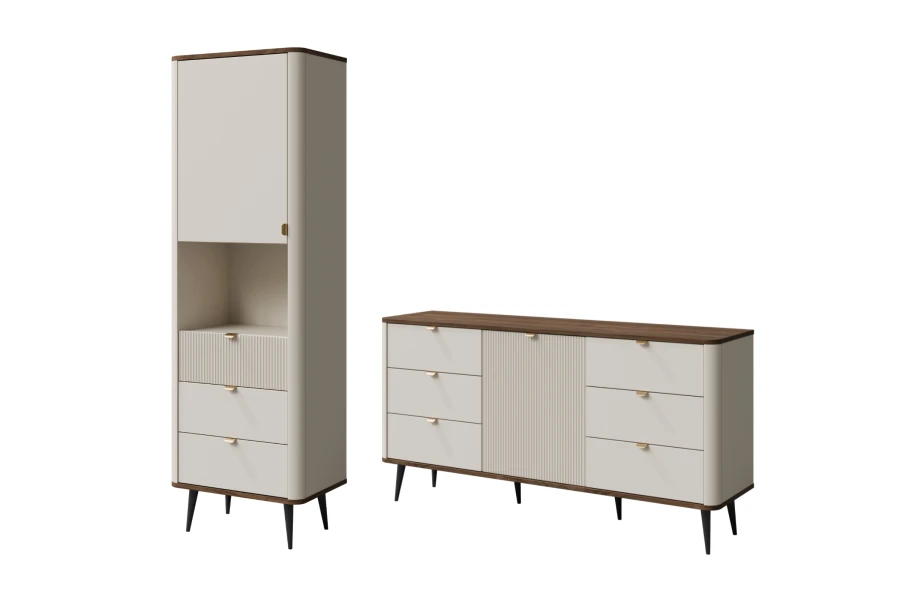 Mily Möbelset: Highboard und Kommode in Beige mit Holz-Finish und Goldgriffen.