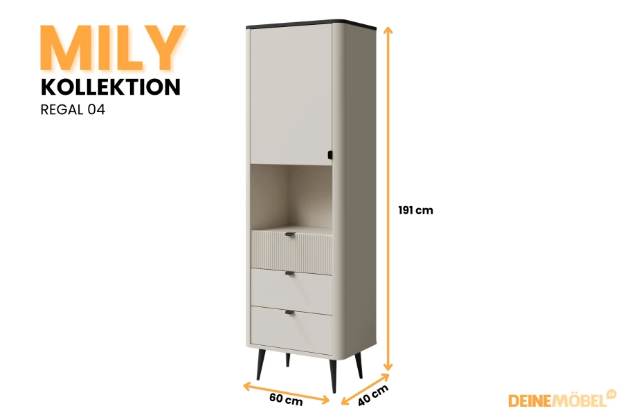 Mily Regal 04: Beige Hochschrank mit schwarzen Akzenten, 60x191x40 cm.