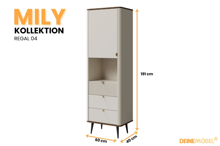 Mily Regal 04: Eleganter Hochschrank in Beige und Holzoptik, 60x191x40 cm.