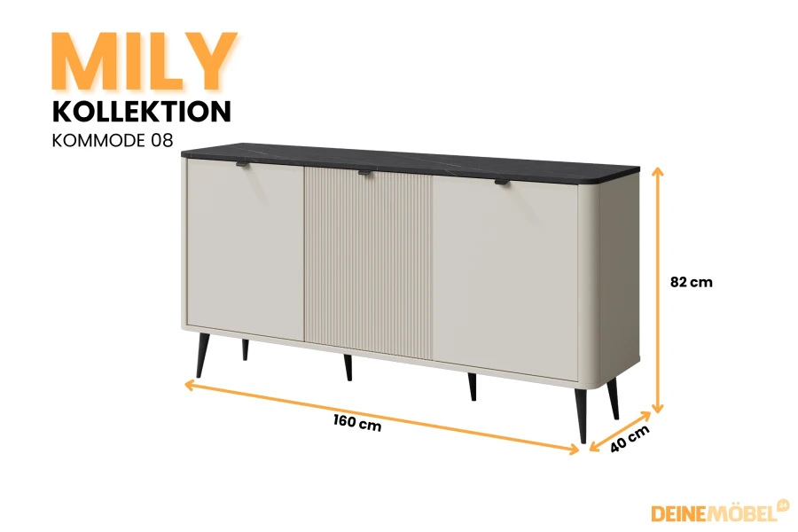 Mily Kollektion Kommode 08 in Beige mit dunkler Marmor-Optik Deckplatte, Maße 160x82x40 cm.