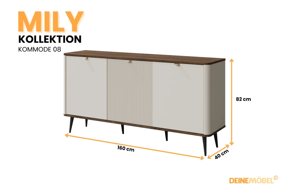 Moderne Kommode Mily 08 in Beige mit Holz-Optik Abdeckung, Maße 160x82x40 cm für das Wohnzimmer.