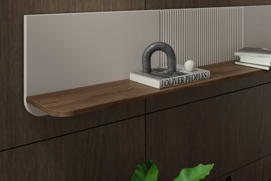 Stilvolles Wandregal aus Holz mit dekorativen Büchern und Kunstobjekten vor einer dunklen Holzwand.