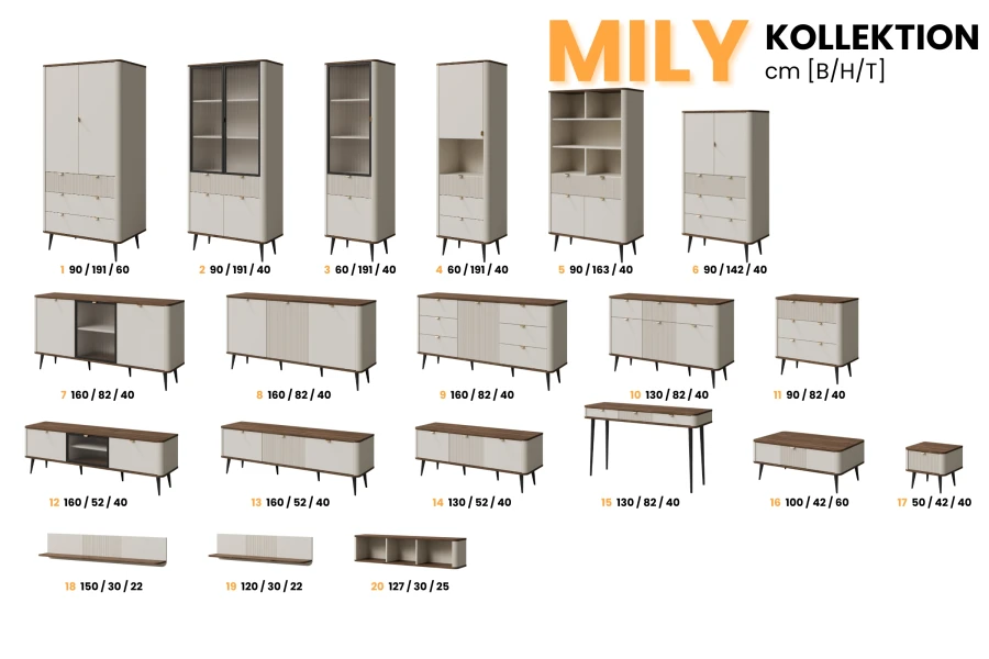Mily Möbel Kollektion in Beige und warmer Holzoptik. Übersicht aller Varianten mit Maßen für das Wohnzimmer.
