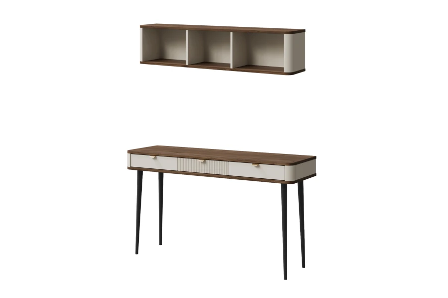Beige Konsole und Wandregal mit warmer Holzoberfläche. Elegantes Möbel-Set für den modernen Wohnbereich.
