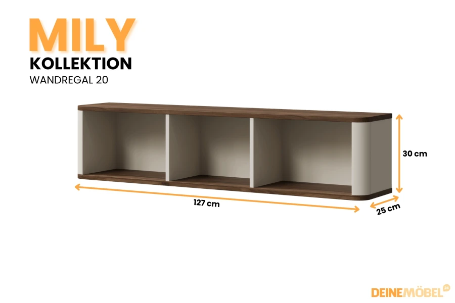 Mily Wandregal 20 mit 3 Fächern, Holzoptik und Beige, Maße 127x30x25 cm.