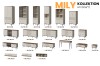 Komplette Übersicht der MILY Möbel-Serie mit verschiedenen Schrank- und Sideboard-Modellen.