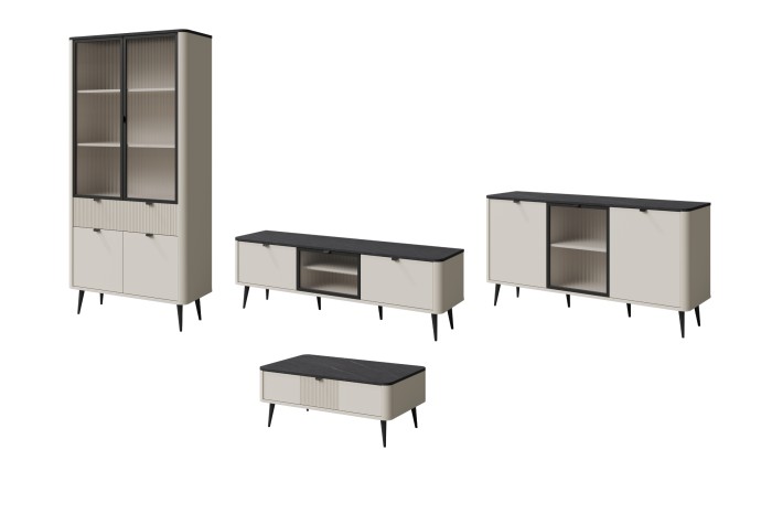 Vierteiliges Möbel-Set in Beige mit schwarzen Akzenten: Vitrine, Sideboard, TV-Board und Couchtisch.
