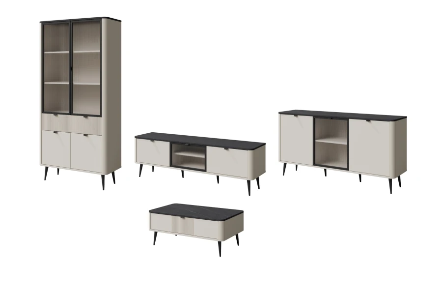 MILY Wohnzimmer-Set in Beige: Vitrine, TV-Board, Sideboard und Couchtisch mit schwarzen Details.