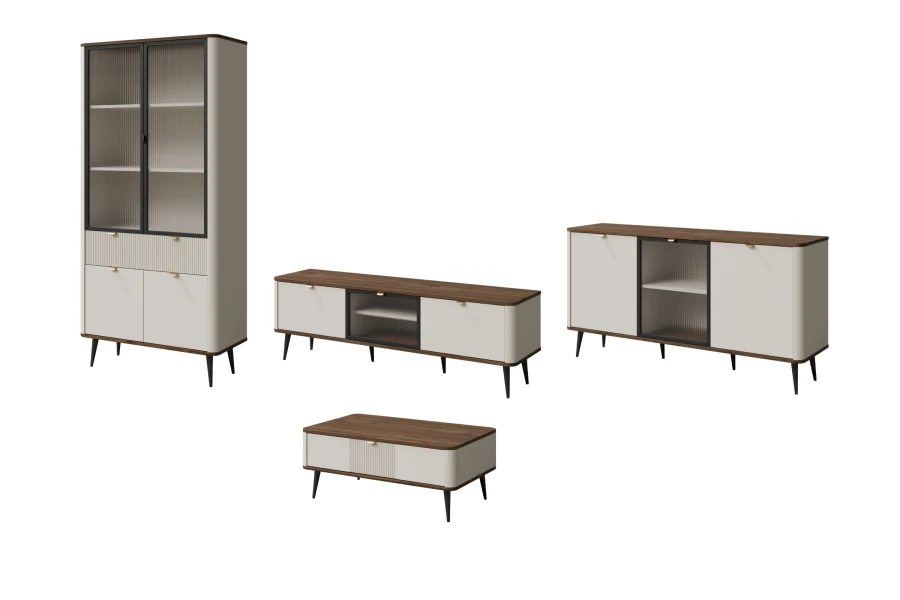 MILY Set für Wohnzimmer: Vitrine, Sideboard, Lowboard und Couchtisch mit dunkler Holzplatte.