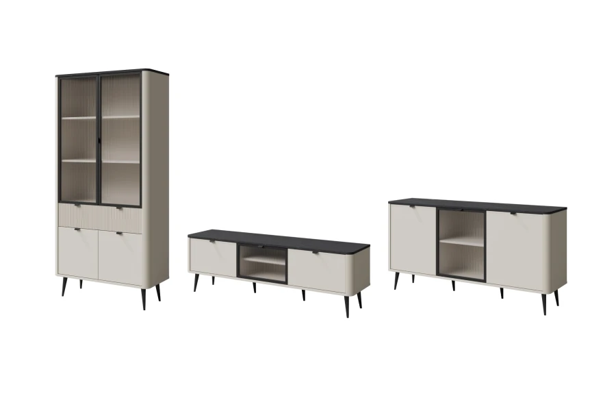 3-teiliges MILY Wohnzimmer-Set: Vitrine, TV-Board und Sideboard in Beige und Schwarz.