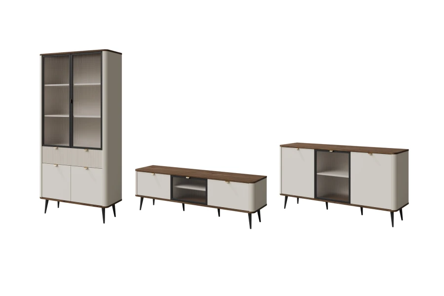 MILY Möbelset 3-teilig: Vitrine, Sideboard und TV-Unterschrank mit Akzenten in Holzoptik.