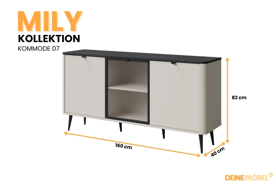 Mily Kommode 07, Sideboard in Beige mit dunkler Marmor-Platte und Glasfach, 160x82x40 cm.