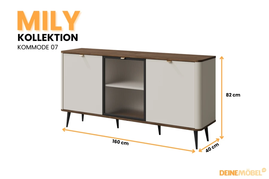 Mily Kommode 07, Sideboard in Beige mit Holz-Platte und Riffelglas, 160x82x40 cm.