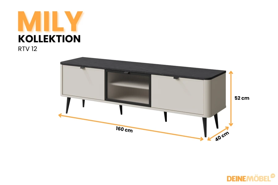 Mily TV-Lowboard RTV 12 in Beige mit Marmor-Optik und Glasfront, 160x52x40 cm.