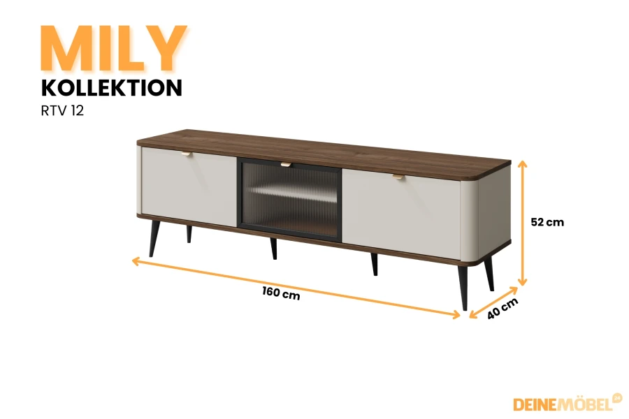 Mily TV-Board RTV 12 in Beige mit Holz-Oberplatte und Glasfach, 160x52x40 cm.