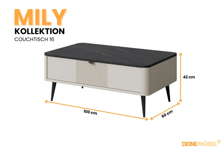 MILY Couchtisch 16: Moderner Wohnzimmertisch in Beige mit schwarzer Deckplatte, 100x60 cm.