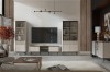 Modernes Wohnzimmer-Set mit beige-braunem TV-Board und zwei Vitrinen in elegantem Design.