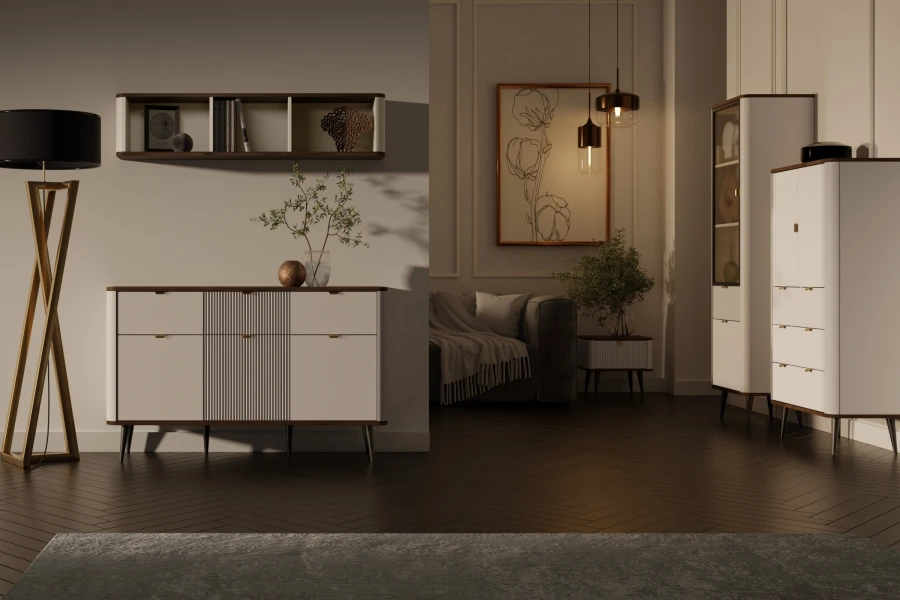 Modernes Wohnzimmer-Set mit Sideboard, Wandregal und Stehlampe der Mily-Kollektion.