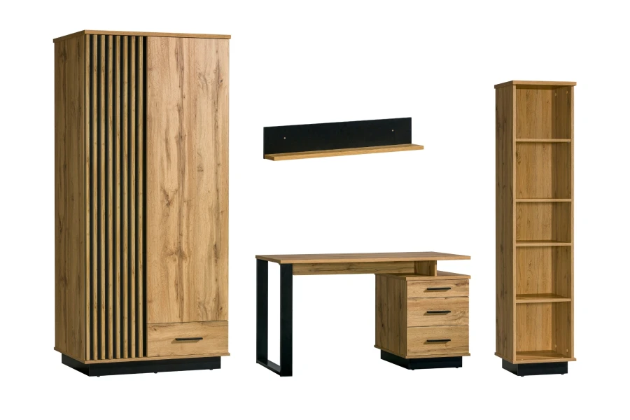 Möbelset der Lami Serie: Kleiderschrank mit Lamellen, Schreibtisch, Wandregal und Standregal aus Holz.