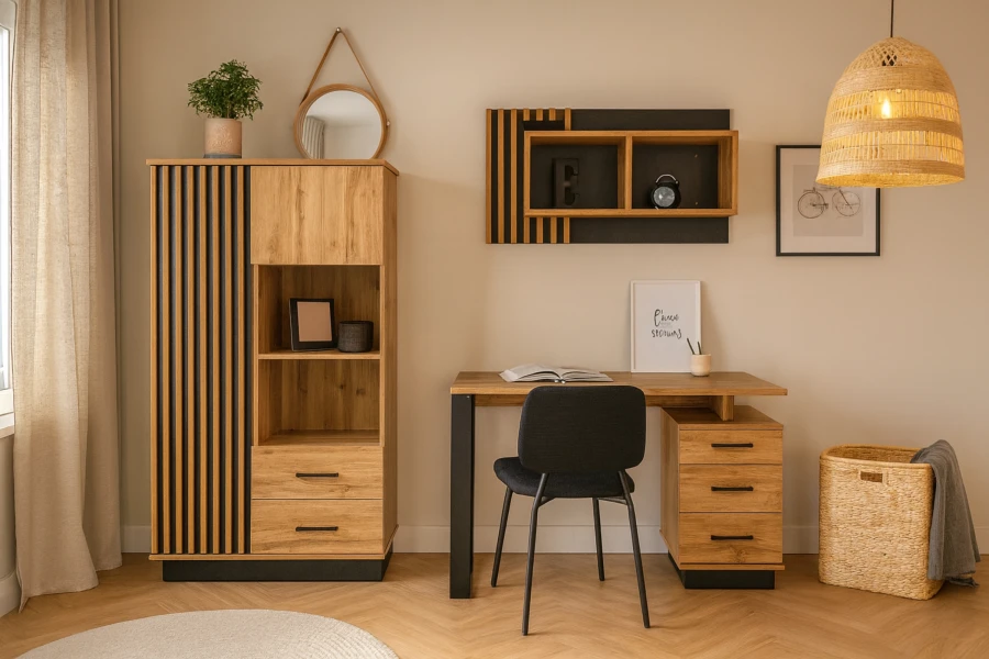 Modernes Arbeitszimmer-Set mit Lami Vitrine, Schreibtisch und Wandregal in harmonischem Holzdesign.