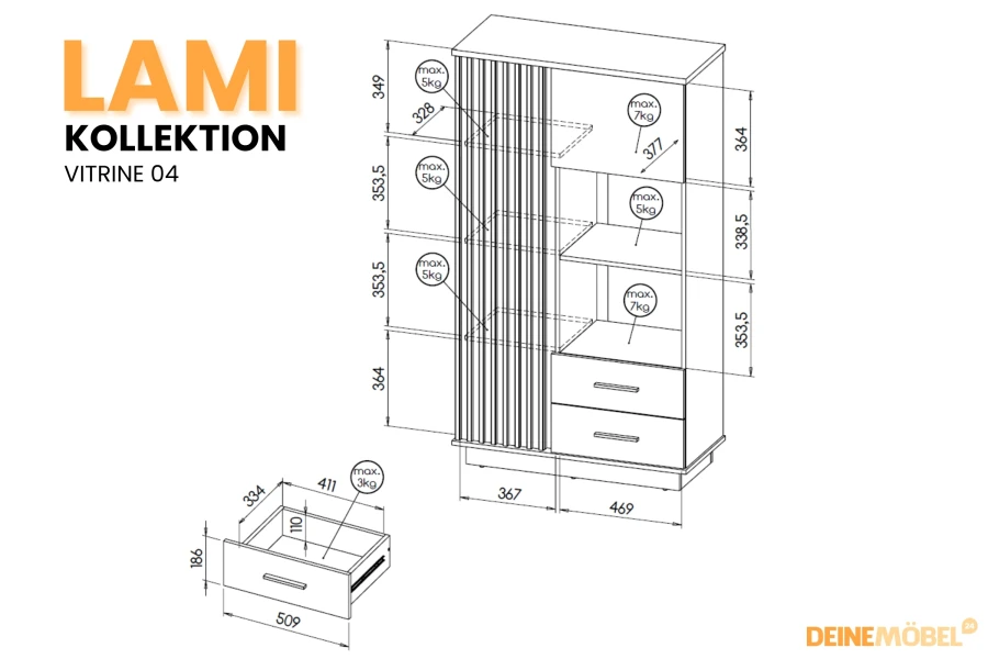 LAMI Kollektion Vitrine 04: Technische Zeichnung mit Maßen und Belastbarkeit der Regalböden.