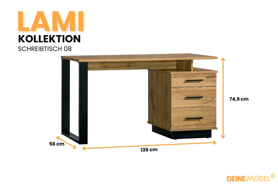 LAMI Kollektion Schreibtisch 08: Moderner Schreibtisch in Eiche mit Maßen 135x56x74,9 cm.