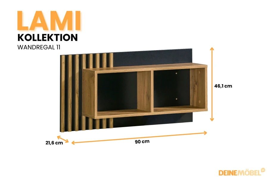 LAMI Kollektion Wandregal 11: Stilvolles Wandboard mit Lamellen, Maße 90x21,6x46,1 cm.