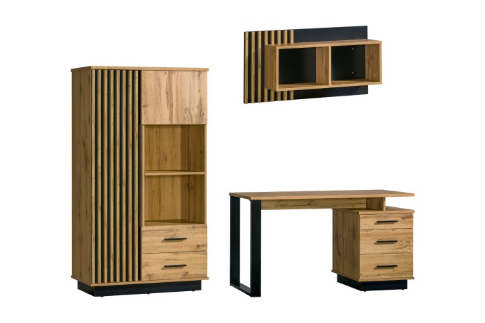LAMI Möbelset: Kombikommode, Wandregal und Schreibtisch in Eiche Artisan Dekor mit schwarzen Lamellen.