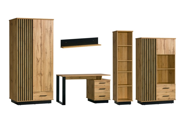 LAMI Möbelgruppe bestehend aus Kleiderschrank, Regal, Schreibtisch und Kommode in Eiche-Optik.