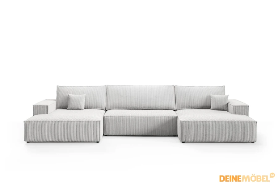 Frontansicht einer modernen U-Form Couch in grauem Cord-Design auf weißem Grund.