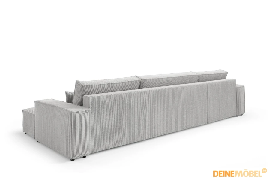 Rückseite des großen Cordsofas in Grau für die freie Platzierung im Raum.