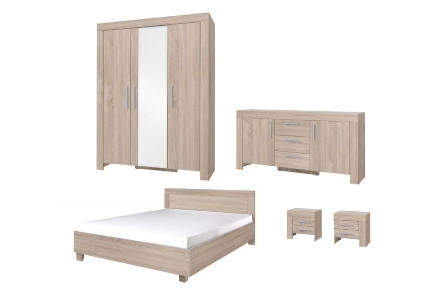 Übersicht des Schlafzimmer-Sets Caspar mit Schrank, Bett, Kommode und Nachtschränken.