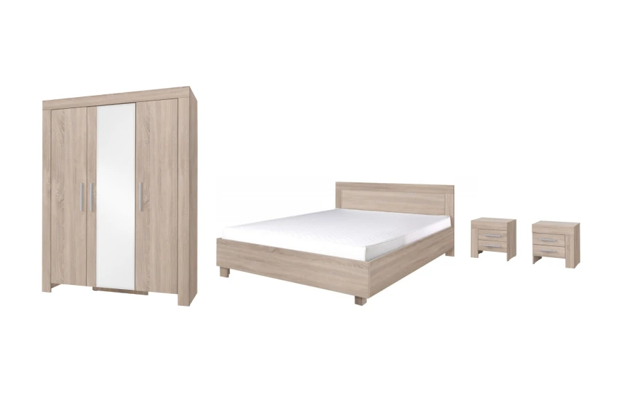 Komplettes Schlafzimmer-Set Caspar in Eiche Sonoma Nachbildung mit Bett und Schrank.