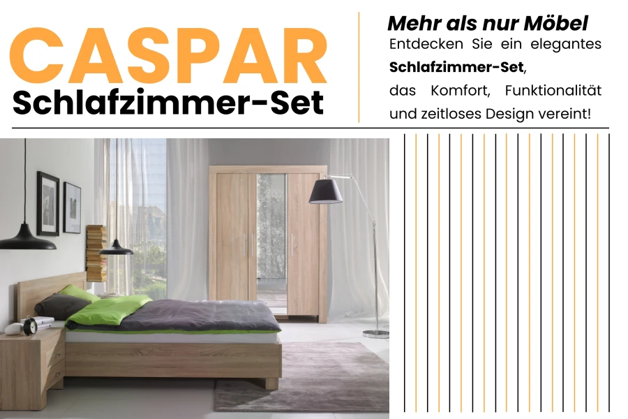 Werbebild für Schlafzimmer-Set CASPAR: Stilvolle Möbel in Eiche-Optik für Ihr Zuhause.