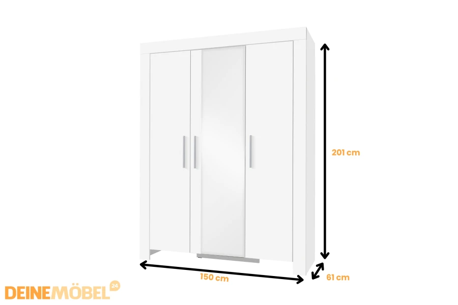 Maße des weißen Kleiderschranks: 150 cm Breite, 201 cm Höhe und 61 cm Tiefe.