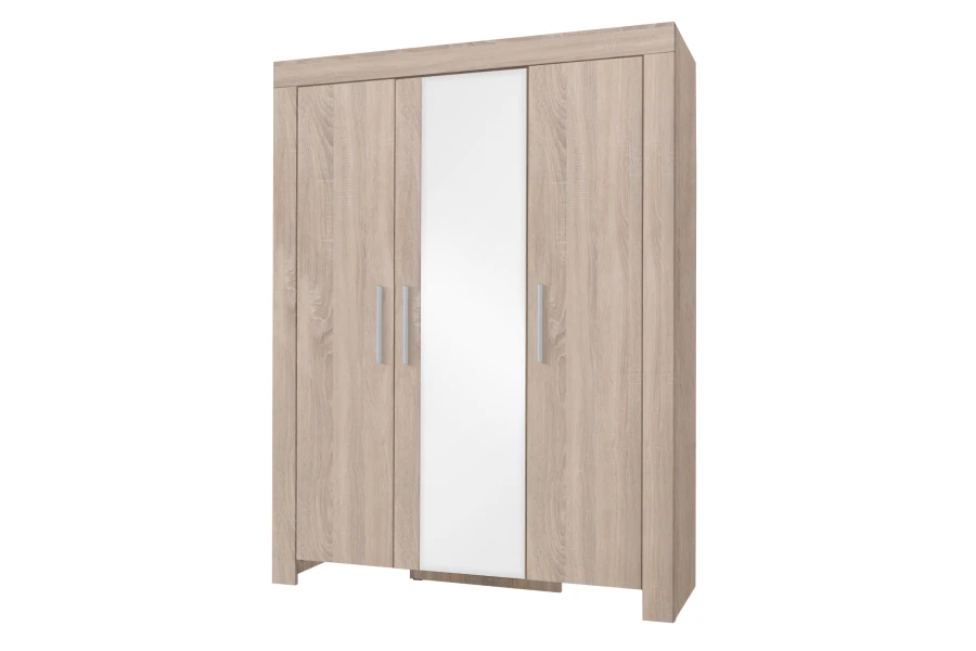 Moderner Kleiderschrank Caspar in Eiche-Optik mit drei Türen und integriertem Spiegel.