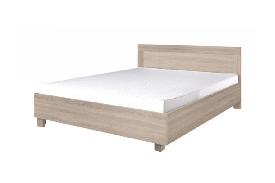 Modernes Doppelbett in Eiche-Optik mit weißer Matratze