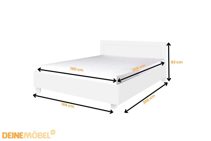 Weißes Bett 160x200 cm mit Maßen 166x206x83 cm