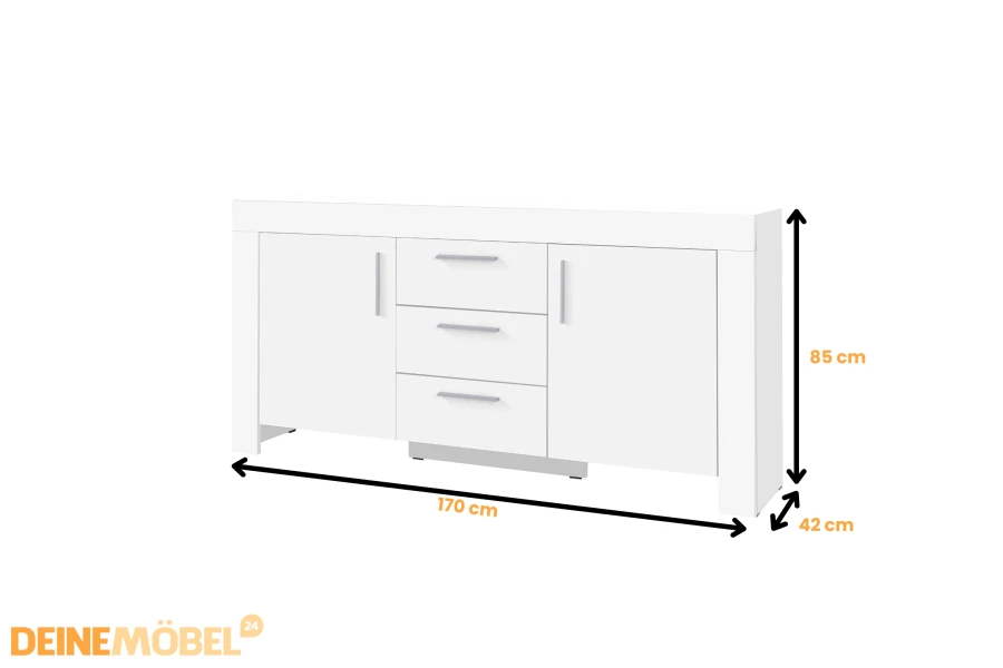 Weißes Sideboard mit 3 Schubladen und 2 Türen, Maße 170x85x42 cm