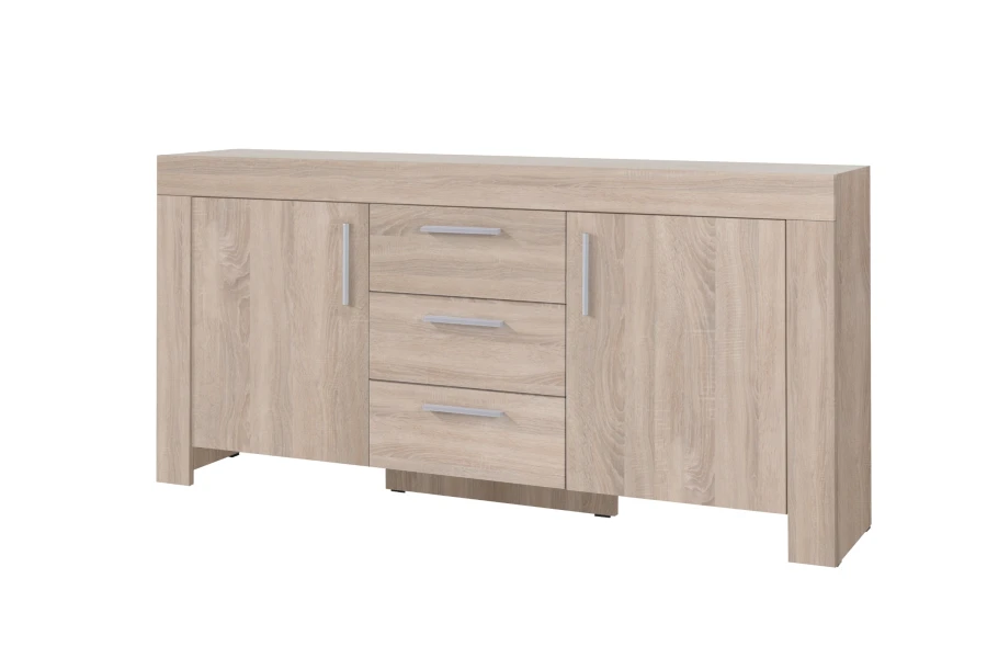 Modernes Sideboard in Eiche-Optik mit 3 Schubladen und 2 Türen für das Wohnzimmer.