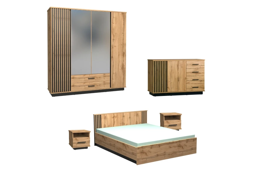 Komplettes Schlafzimmerset LAMI bestehend aus Kleiderschrank, Kommode, Bett und Nachttischen.