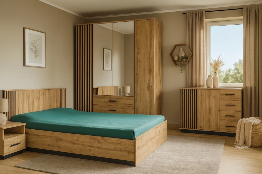 Gemütliches Schlafzimmer mit LAMI Möbeln, grünem Bettbezug und moderner Dekoration.