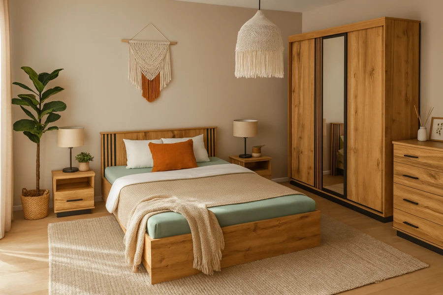 Gemütliches Schlafzimmer mit Holzmöbeln der LAMI-Kollektion und Boho-Dekoration.