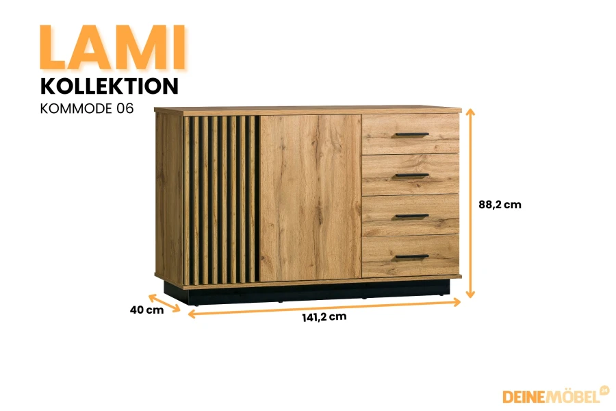 Produktmaße der Lami Kommode 06: 141,2 cm Breite, 88,2 cm Höhe und 40 cm Tiefe in Eiche-Dekor.