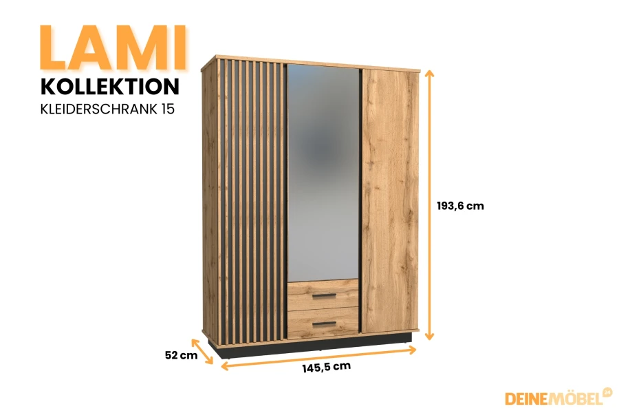 Lami Kleiderschrank 15 mit Lamellen-Dekor und Spiegel, Maße: 145,5 x 193,6 x 52 cm.