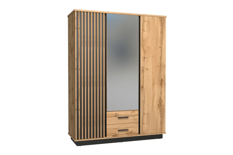 Moderner dreitüriger Kleiderschrank Lami 15 in Eiche-Optik mit Spiegel und Schubladen.