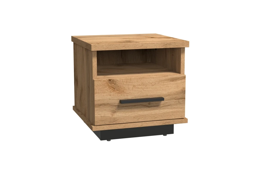 Nachttisch Lami in Eiche-Nachbildung mit Schublade und schwarzem Griff, moderne Nachtkommode für das Schlafzimmer.