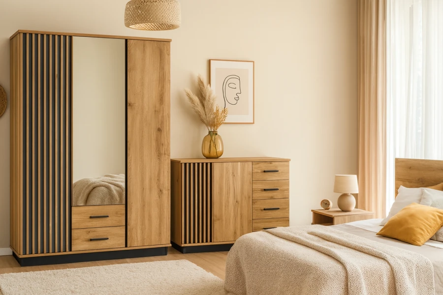 Modernes Schlafzimmer-Set in Eiche mit Kleiderschrank, Spiegel und passender Kommode für ein gemütliches Ambiente.