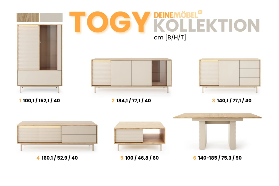 Maßangaben und Übersicht der TOGY Kollektion: Highboard, Sideboards, TV-Bank und Tische im Vergleich.